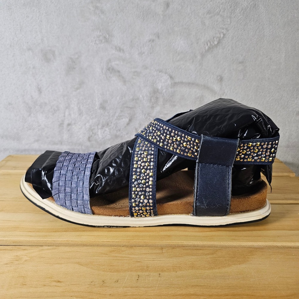 Women's Navy Blue Rhinestone Embellished Flat Sandals Size 40 - Picture 5 of 8